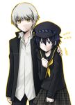  1girl androgynous blue_hair blush cabbie_hat couple dark_persona embarrassed grey_hair hat height_difference houndstooth idora idora_(idola) looking_at_viewer looking_down loose_shirt narukami_yuu persona persona_4 school_uniform serafuku shirogane_naoto short_hair simple_background skirt smile sweatdrop white_background yellow_eyes 