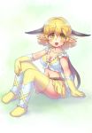  blonde_hair blush breasts cleavage gloves horns looking_at_viewer midriff navel open_mouth original personification pointy_ears sankuma sitting skirt solo tail thigh-highs thighhighs yellow_eyes 
