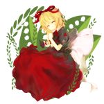  blonde_hair bow closed_eyes dqn_(dqnww) eyes_closed flower hair_bow hair_ornament hair_ribbon hands_on_own_chest highres lily_of_the_valley medicine_melancholy open_mouth plant ribbon short_hair skirt solo su-san touhou white_background 