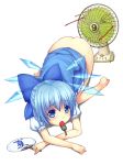  ? all_fours ass bare_legs barefoot blue_dress blue_eyes blue_hair bottomless bow cirno dress dress_lift electric_fan fan fanning_crotch feet food hair_bow ice_cream looking_at_viewer mouth_hold nekoeater popsicle puffy_sleeves shirt short_hair short_sleeves solo sweat touhou wings ⑨ 