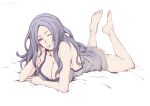  arm_support barefoot belinda black_sclera breasts cleavage collarbone feet large_breasts lipstick long_hair lying makeup on_stomach purple_hair purple_lipstick simple_background soles solo toes unlight vasily_(run211) white_background wink yellow_eyes 