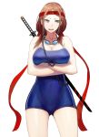  bare_shoulders breast_hold breasts brown_eyes brown_hair chain chains cleavage crossed_arms goggles headband hidezi katana large_breasts long_hair one-piece_swimsuit open_mouth original raised_eyebrow sheath sheathed simple_background solo swimsuit sword teeth thighs weapon 