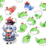  :3 blue_dress blue_eyes blush book chibi dress ex-keine fujiwara_no_mokou hat horn_ribbon horns kamishirasawa_keine kamishirasawa_keine_(hakutaku) long_hair neckerchief odd_one_out ofuda rebecca_(keinelove) ribbon short_sleeves silver_hair solid_circle_eyes sukusuku_hakutaku touhou upside-down 