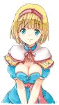 adapted_costume alice_margatroid alternate_costume blonde_hair blue_eyes breasts capelet cleavage dress hairband manyu short_hair smile solo touhou 