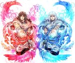  amiba blue_fire brown_hair cloak fire headband highres hokuto_no_ken koshiro_itsuki long_hair male multiple_boys silver_hair toki_(hokuto_no_ken) 