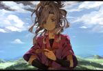  1girl cloud clouds copyright_request gomas long_hair looking_at_viewer silver_hair sky solo traditional_clothes white_eyes 