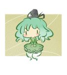  :&gt; blush_stickers chibi floating ghost green_hair hat homurabi lowres soga_no_tojiko solo touhou v_arms |_| 