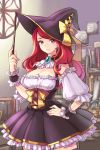  blue_eyes book bow breasts brooch detached_collar detached_sleeves frilled_skirt hand_on_hip hat hips holding jewelry long_hair lowres pleated_skirt red_hair redhead ribbon rihanna skirt smile sword_girls thigh-highs thighhighs wand witch_hat wooni wrist_cuffs 