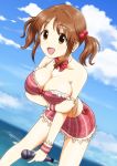  7001 :d bare_shoulders bow breast_lift breasts brown_eyes brown_hair cloud clouds collarbone hair_bobbles hair_ornament idolmaster idolmaster_cinderella_girls large_breasts leaning_forward microphone open_mouth short_twintails sky smile strap_slip totoki_airi twintails wristband 