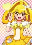  1girl absurdres blonde_hair choker cure_peace dress earrings heart highres jewelry kise_yayoi long_hair magical_girl open_mouth polka_dot polka_dot_background ponytail precure skirt smile smile_precure! solo tiara v wrist_cuffs yellow_dress yellow_eyes 