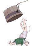  bad_id bucket falling green_hair hair_bobbles hair_ornament kisume long_sleeves rope short_hair solo touhou twintails white_background 