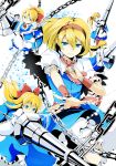  alice_margatroid alternate_hairstyle blonde_hair blue_eyes bow capelet chain chains emerane hair_bow hairband lance light_smile long_hair mouth_hold polearm ponytail shanghai_doll shield short_hair smile solo string touhou twintails weapon 