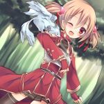 ;d animal black_legwear blush brown_eyes brown_hair fingerless_gloves gloves open_mouth pina_(sao) short_twintails silica smile solo soraishinya sword_art_online thigh-highs thighhighs twintails wink 