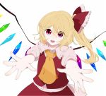  ascot blonde_hair bow crystal flandre_scarlet hair_bow moruruberu no_hat no_headwear puffy_sleeves red_eyes short_hair short_sleeves side_ponytail solo touhou white_background wings 