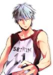  1boy angellnight basketball_uniform blue_eyes blue_hair headband kuroko_no_basuke kuroko_tetsuya solo sportswear wink 