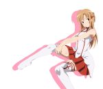  absurdres adjusting_thighhigh akou_(phoenix777) asuna_(sao) blush brown_eyes brown_hair feet highres long_hair no_shoes skirt smile solo sword_art_online thighhighs white_legwear 