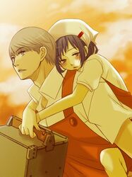  1girl apron ayachu blush dress_shirt grey_eyes grey_hair head_scarf nakamura_aika narukami_yuu persona persona_4 persona_4_the_animation piggyback shirt short_hair 