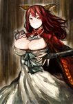  breasts bridal_gauntlets brooch bursting_breasts cleavage cravat dress highres horns inayama jewelry large_breasts long_hair maou_(maoyuu) maoyuu_maou_yuusha red_eyes red_hair redhead solo 