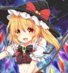  adapted_costume alternate_eye_color alternate_headwear blonde_hair bow crystal detached_sleeves flandre_scarlet frills hat hat_bow navel open_mouth side_ponytail solo star touhou wings witch_hat yellow_eyes yuria_(kittyluv) 