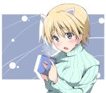  animal_ears blonde_hair blue_eyes blush cup fang hajime_(kinyou_club) looking_at_viewer nikka_edvardine_katajainen ribbed_sweater solo strike_witches sweater 