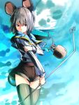  animal_ears basket black_legwear blue_sky capelet dowsing_rod flying_boat gem grey_hair highres ibuki_notsu jewelry looking_at_viewer mouse mouse_ears mouse_tail nazrin necklace notsugimi pendant red_eyes sail shirt short_hair shorts sky solo tail thigh-highs thighhighs touhou 