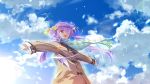 ashishun cloud clouds glasses hair_ribbon lens_flare open_mouth original outstretched_arms petals pink_eyes purple_hair red-framed_glasses ribbon scarf sky solo spread_arms twintails wink 