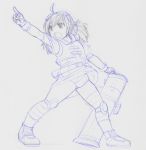  ahoge bazooka fingerless_gloves gloves goggles goggles_on_head kasuga_yukihito knee_pads long_hair miniskirt monochrome open_mouth pantyshot_(standing) pinko pointing pointing_forward sketch skirt solo tartaros_online traditional_media twintails weapon 