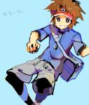  bag blue_background brown_eyes brown_hair drawr holding holding_poke_ball jacket kyouhei_(pokemon) male open_mouth poke_ball pokemon pokemon_(game) pokemon_bw2 raglan_sleeves shorts shouji_ni_nanshi smile visor_cap 