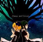  2girls always_and_forever_(vocaloid) back-to-back blonde_hair blue_rose bow choker crying dress english flower frills green_eyes green_hair gumi hair_bow hair_ornament hairband hairclip hands_on_own_chest kagamine_rin multiple_girls profile rose short_hair sky star_(sky) starry_sky tears title_drop tree vocaloid yellow_eyes yudu_28 