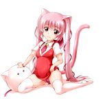  animal_ears bell blush breasts cat_ears cat_tail dress dress_lift haguhagu long_hair looking_at_viewer original panties pink_hair red_eyes smile solo stuffed_animal stuffed_toy tail thigh-highs thighhighs twintails underwear very_long_hair 