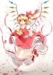  :d ascot blonde_hair blush bow egg eggshell fang flandre_scarlet hat hat_bow kiyu legs_up open_mouth petals red_eyes red_ribbon ribbon short_hair side_ponytail skirt skirt_set smile solo touhou wings wrist_cuffs 