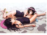  barefoot black_hair brown_eyes brown_hair crease feet flip-flops highres long_hair lying mouth_hold multiple_girls mushroom naruko_hanaharu on_back on_side one-piece_swimsuit original red_eyes sandals scan school_swimsuit short_hair shower_cap single_shoe swimsuit tan tanline 