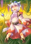  ahoge alternate_costume animal_ears belt boots dog_ears dog_tail fun_bo grass holding inubashiri_momiji jewelry open_mouth red_eyes short_hair silver_hair single_earring solo tail touhou white_hair white_mage_(cosplay) wolf_ears wolf_tail 