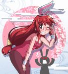  animal_ears black_legwear bowtie bunny_ears bunny_tail bunnysuit buratei_marii egasumi fake_animal_ears glasses grin hand_on_knee joshiraku ki_(adotadot) leaning_forward long_hair looking_at_viewer pantyhose rabbit_ears red-framed_glasses red_eyes red_hair redhead smile tail wink wrist_cuffs 