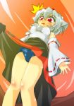  1girl animal_ears bare_legs bare_shoulders detached_sleeves from_below inubashiri_momiji red_eyes school_swimsuit short_hair silver_hair skirt skirt_lift solo swimsuit swimsuit_under_clothes touhou winn wolf_ears 