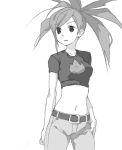  1girl asuna_(pokemon) belly belt breasts drawr gym_leader jeans long_hair midriff monochrome navel pokemon pokemon_(game) pokemon_rse ponytail shouji_ni_nanshi solo 