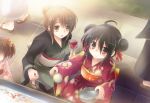  alternate_hairstyle black_hair blush bowl brown_eyes brown_hair candy_apple double_bun goldfish_scooping hair_bun hair_ribbon holding japanese_clothes kimono multiple_girls ribbon shakugan_no_shana shana squatting tachitsu_teto yoshida_kazumi yukata 