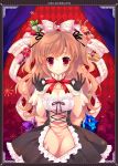  2012 argyle argyle_background artist_name bad_id black_gloves blush border breasts brown_hair cleavage dress food fruit gloves hair_ribbon holding long_hair looking_at_viewer mitha original red_eyes ribbon solo star strawberry 