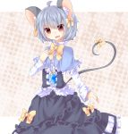 ahoge animal_ears argyle argyle_background bow capelet embellished_costume gem hair_bow jewelry koza long_sleeves looking_at_viewer mouse_ears mouse_tail nazrin necklace open_mouth pendant red_eyes shirt short_hair silver_hair skirt skirt_set solo tail tail_bow touhou 