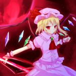  ascot blonde_hair cosplay crystal denu flandre_scarlet hat moon polearm puffy_sleeves red_moon remilia_scarlet remilia_scarlet_(cosplay) short_hair short_sleeves side_ponytail smile solo spear spear_the_gungnir touhou weapon wings wrist_cuffs 