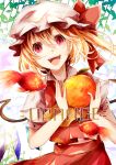  blonde_hair bow cover crystal fang fish flandre_scarlet food fruit goldfish hat hat_bow kaio_(watagami) open_mouth orange red_eyes short_sleeves side_ponytail solo touhou wings 