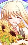 blonde_hair closed_eyes eyes_closed flower hair_ribbon happy kamio_misuzu long_hair oshiruko oshiruko_(xephon-0401) ponytail ribbon school_uniform smile sunflower 