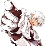  1boy armor breastplate buront elf elvaan final_fantasy final_fantasy_xi gloves open_mouth pointing pointy_ears portrait red_eyes short_hair silver_hair simple_background sumi_keiichi teeth the_iron_of_yin_and_yang white_background 