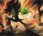  bad_id chaos_emerald explosion fighting_stance holding no_humans red_eyes shadow_the_hedgehog sonic_the_hedgehog teeth 