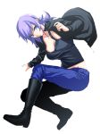  1girl blue_eyes boots breasts cryska_barchenowa jacket muvluv muvluv_alternative muvluv_total_eclipse purple_hair s_tanly short_hair solo white_background 