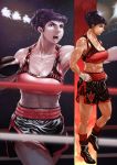  abs absurdres arena black_hair blue_eyes boxing boxing_gloves boxing_ring braid breasts hair_up highres large_breasts light muscle original projected_inset punching red_legwear sports_bra vigwer zoom_layer 