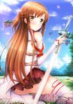  armor asuna_(sao) asuna_(sword_art_online) blush cloud clouds highres long_hair open_mouth orange_hair sky solo sword sword_art_online swordsouls thigh-highs thighhighs very_long_hair weapon white_legwear yellow_eyes 