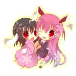  :d ;d animal_ears black_hair blush bunny_ears bunny_tail chibi clover dress fuuna_thise inaba_tewi long_hair looking_at_viewer multiple_girls necktie open_mouth pink_hair rabbit_ears red_eyes reisen_udongein_inaba shirt short_hair simple_background skirt smile tail touhou very_long_hair white_background wink 