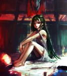  bare_legs bare_shoulders barefoot feet frog_hair_ornament green_eyes green_hair hair_ornament highres kochiya_sanae lingerie long_hair negligee off_shoulder sitting snake solo touhou underwear underwear_only very_long_hair yoi_yuki 