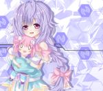  1girl :d bare_shoulders blush blush_stickers bow character_doll choujigen_game_neptune d-pad hair_bow hair_ornament highres kami_jigen_game_neptune_v long_hair looking_at_viewer neptune_(choujigen_game_neptune) open_mouth purple_eyes purple_hair pururut sigemi smile solo twintails violet_eyes 